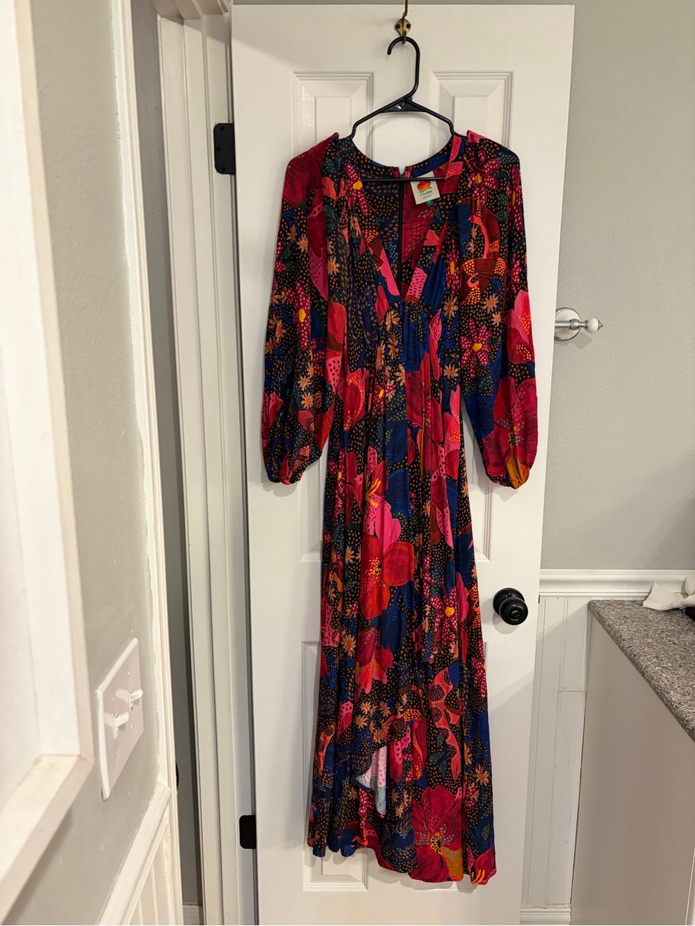 FARM Rio Snake Garden Floral Maxi Dress Long Sleeve V Neck Colorful S